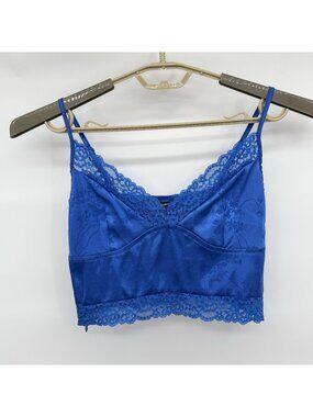 Shein Womens Blue Satin Jacquard Thin Strap Crop Camisole With Side Zip Size M
